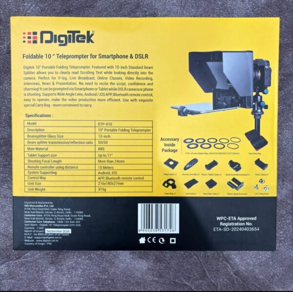 Digitek 10 Inch Teleprompter for Smartphone & DSLR Camera with Remote Control | APP Compatible for iOS & Android | Video Creator, YouTube & News Reporting Teleprompter