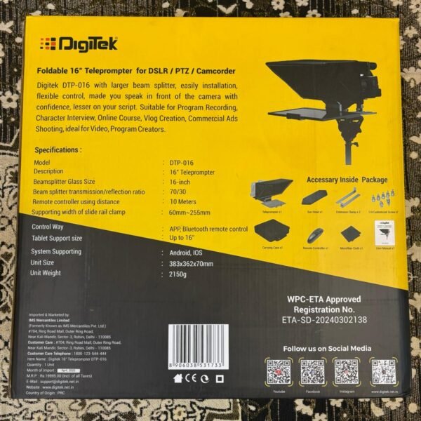 Digitek Teleprompter For Camera with Remote Control, App Compatible with iOS & Android for Video Creators