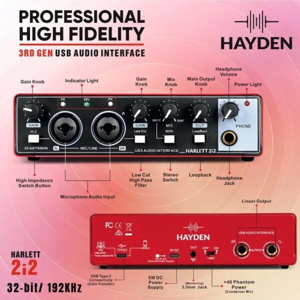 Audio Interface 24 Bit/192 Khz 2x2 USB Sound Card