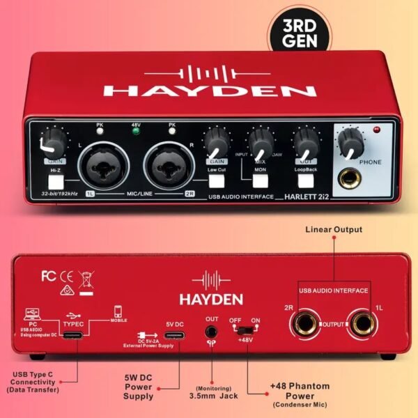 Audio Interface 24 Bit/192 Khz 2x2 USB Sound Card