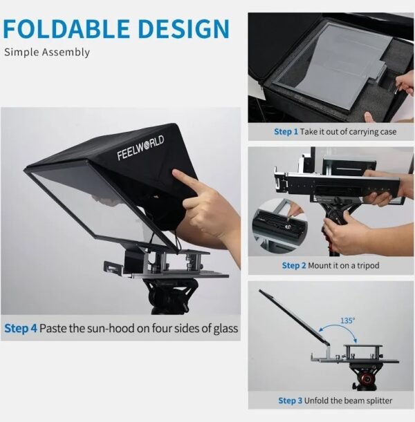 FEELWORLD TP16 16-Inch Folding Teleprompter for Tablet | Horizontal & Vertical Prompting | App Remote Control | Carry Case